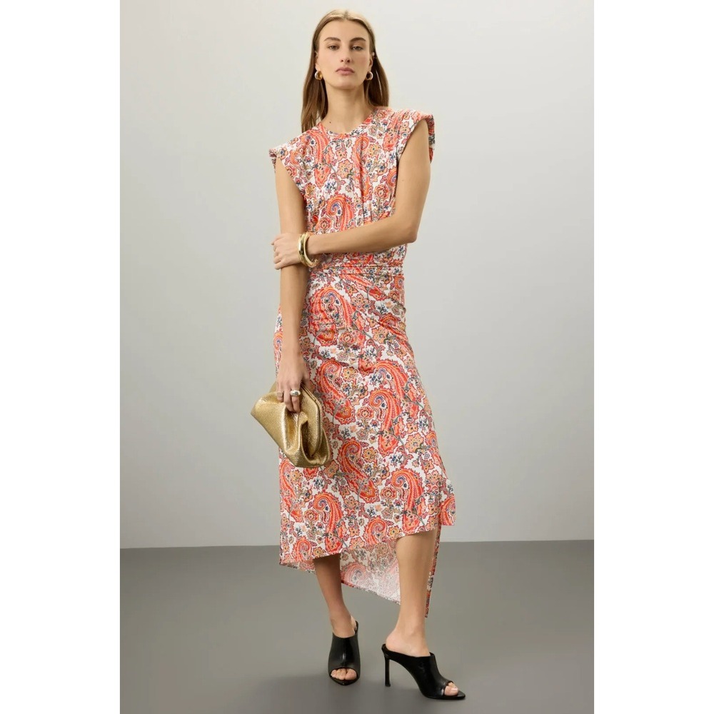 RABANNE Paisley Print Draped Dress Midi Orange White Sleeveless Sz 44 / 10 US‎